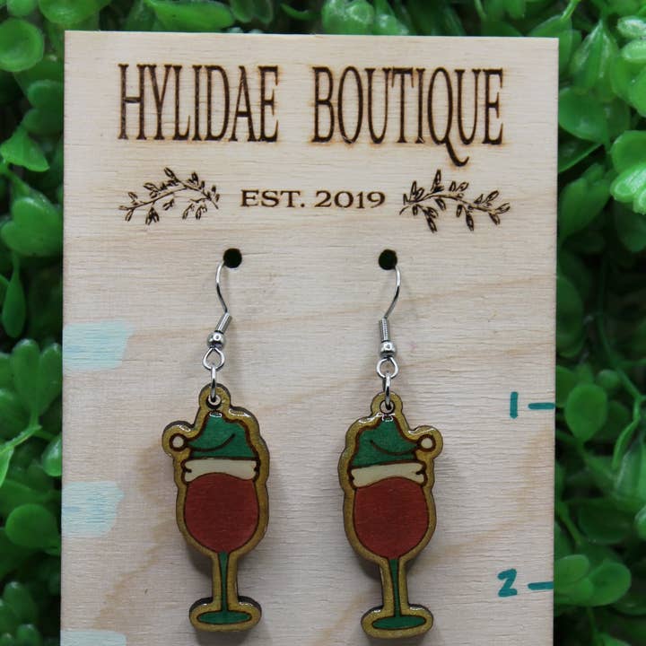 Hylidae Boutique - Wholesale Dangle Earrings - Santa Hat Wine Glass Wooden Dangle Earrings0