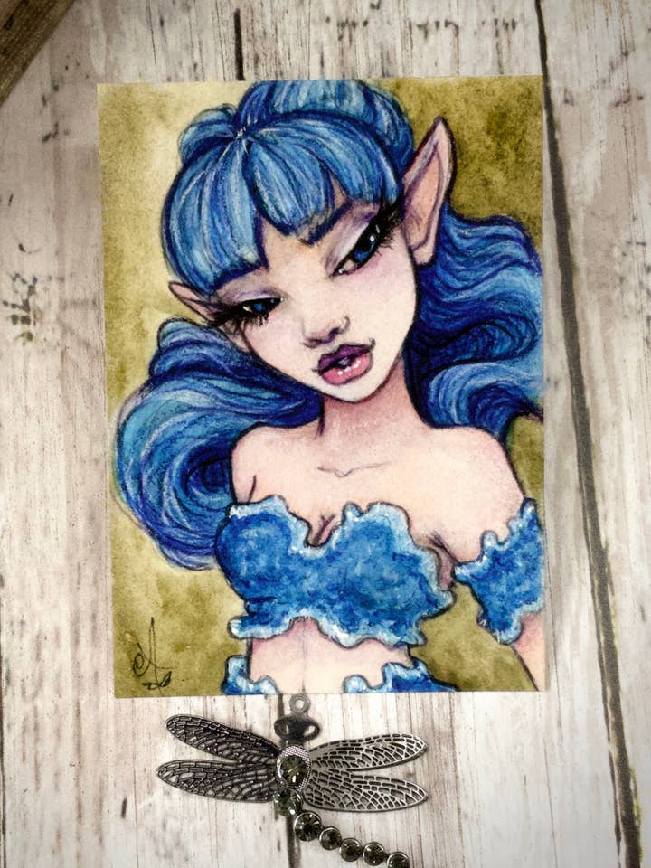 Funguary’s Cobalt Crust Fungus Mushroom Faerie ACEO Print for wholesale by Faeries of Glittering Glen