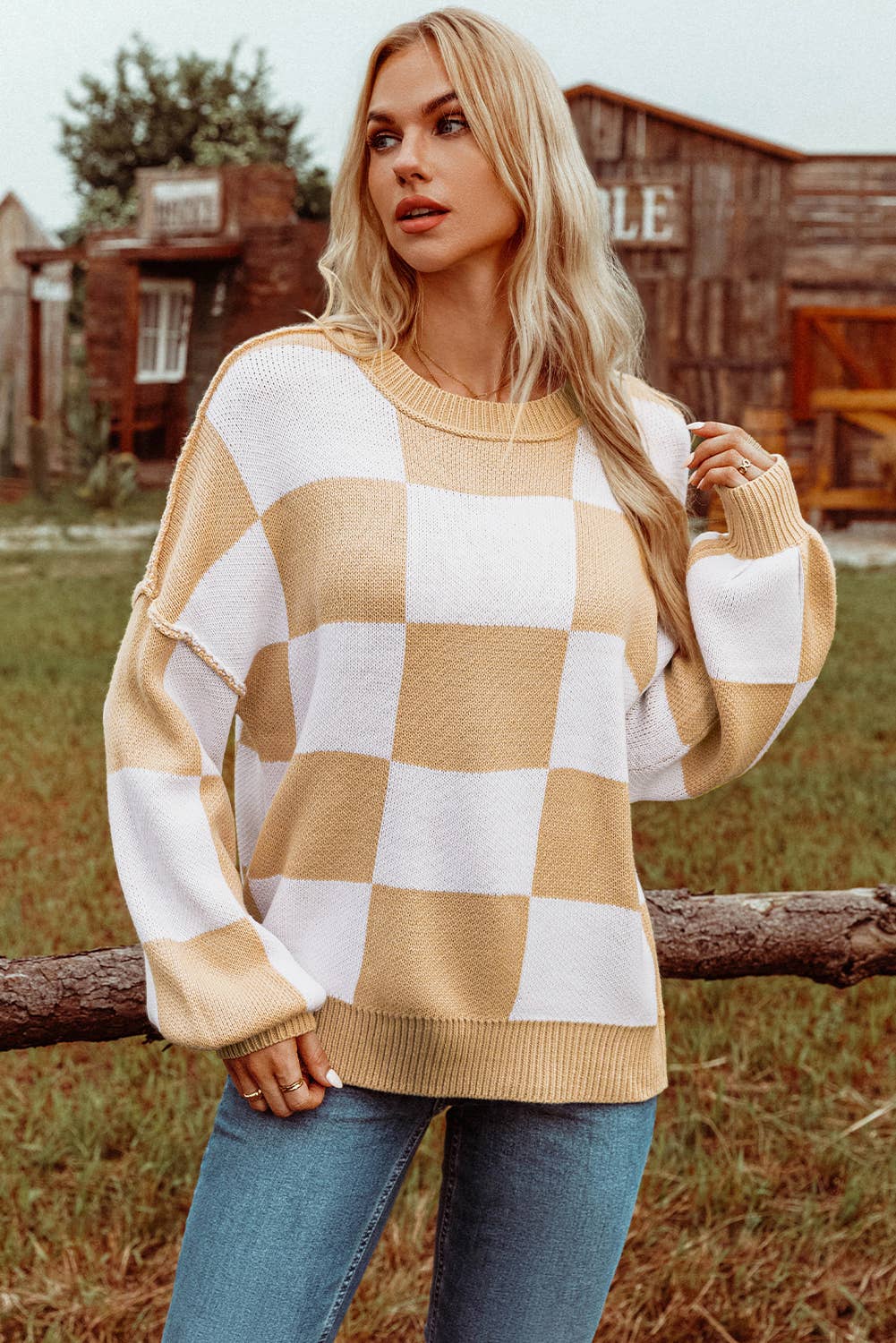 fashionworks - Wholesale Knit Sweater - Women's - Fashion-W Checkered Bishop Sleeve Sweater*S-2XL4