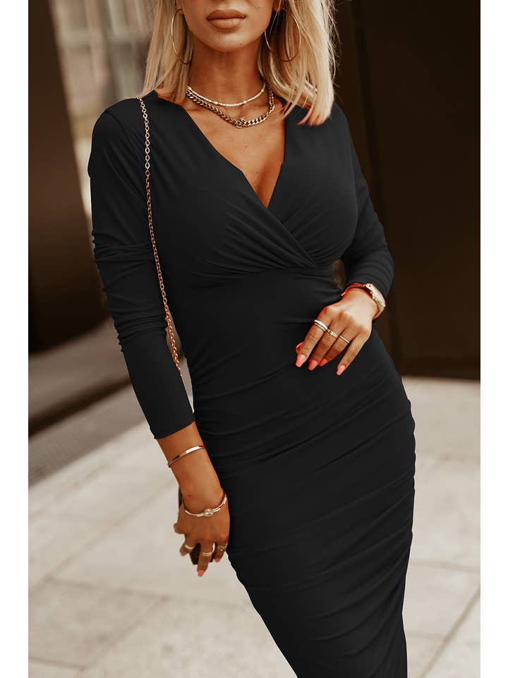 Black Solid Ruched Wrap V-Neck Midi Dress for wholesale on Faire4