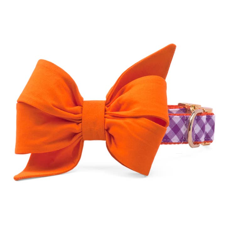 Clemson Orange on Purple Check Belle Bow Dog Collar for wholesale by Crew LaLa