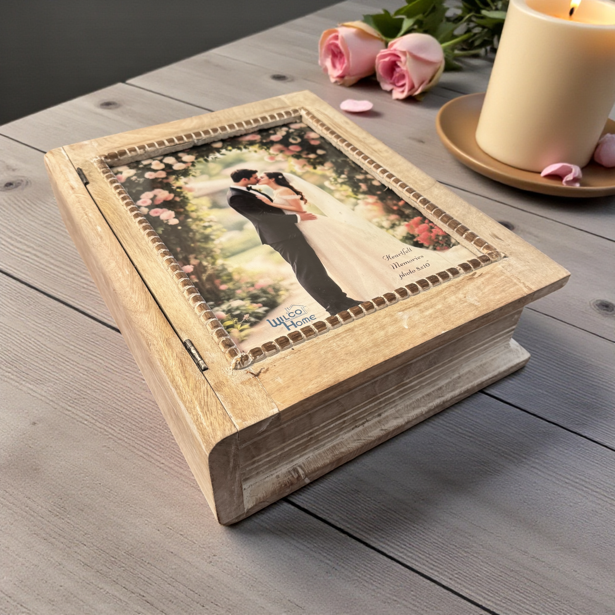 Wilco Home – wholesale Picture frame – Mango Wd Hinged Storage Box with Framed 8x10" Photo Display0