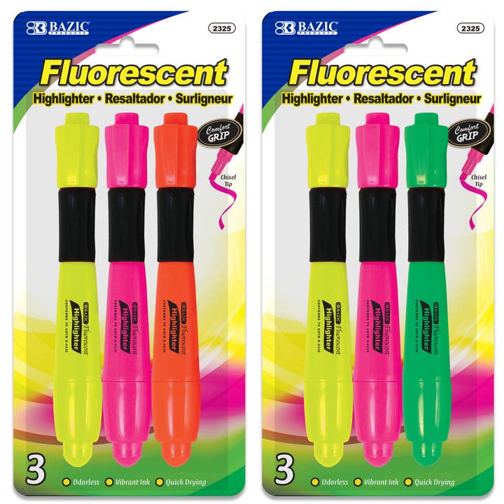 Surligneurs fluorescents de bureau avec prise coussinée (3/paquet) pour la vente par BAZIC Products