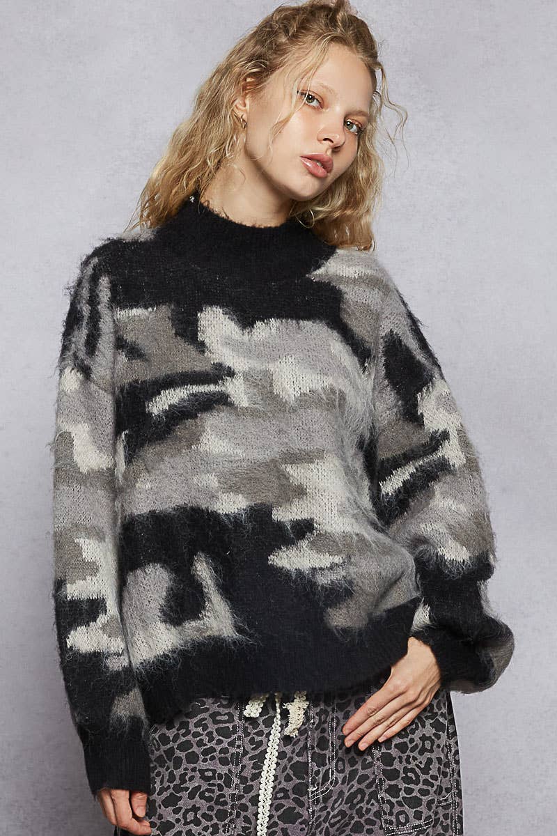 Pol Clothing - Wholesale Knit Sweater - Women's - Long sleeve abstract Color block mohair sweater top SALE5