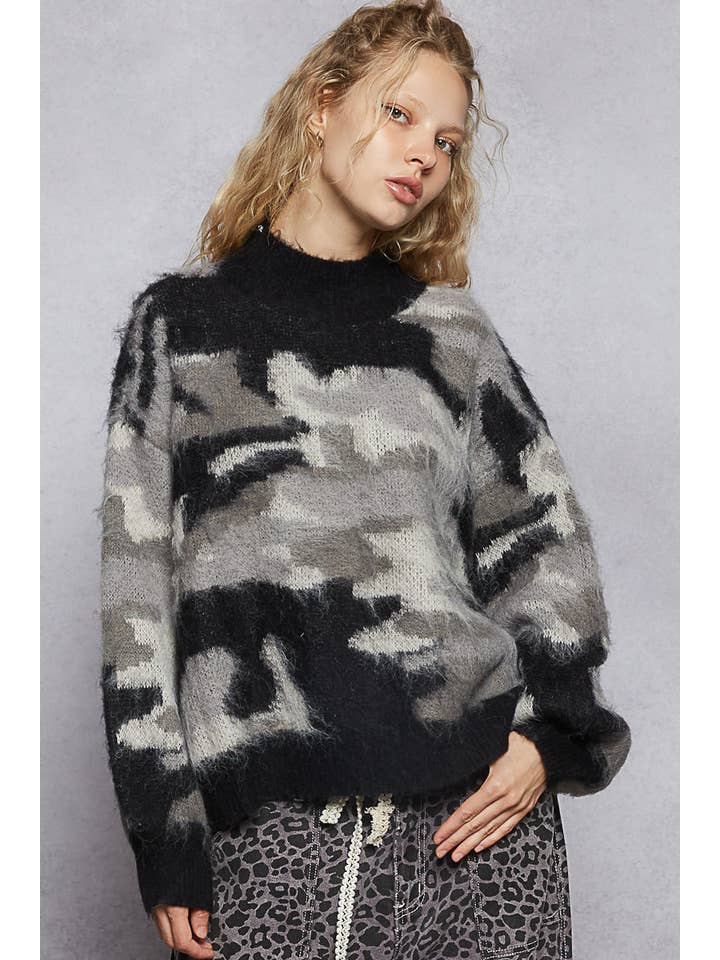 Pol Clothing - Wholesale Knit Sweater - Women's - Long sleeve abstract Color block mohair sweater top SALE5