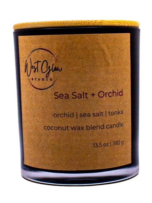 Sea Salt + Orchid 13.5 oz glass candle vessel for wholesale by West Glow Studio