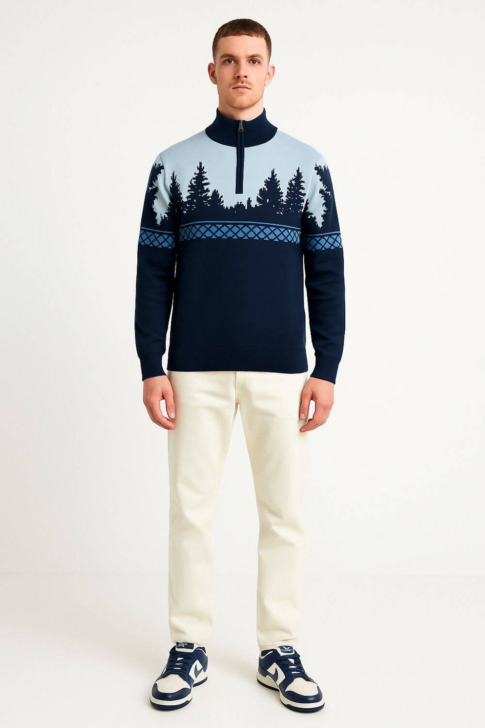 Navy Quarter Zip Reindeer Christmas Jumper for wholesale on Faire1