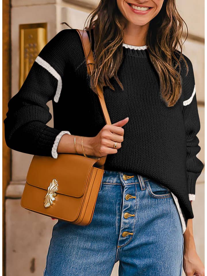 Anna Kaci Wholesale - Wholesale Knit Sweater - Women's - Crew Neck Knit Sweater with Red Trim Detail and Long Sleeves2