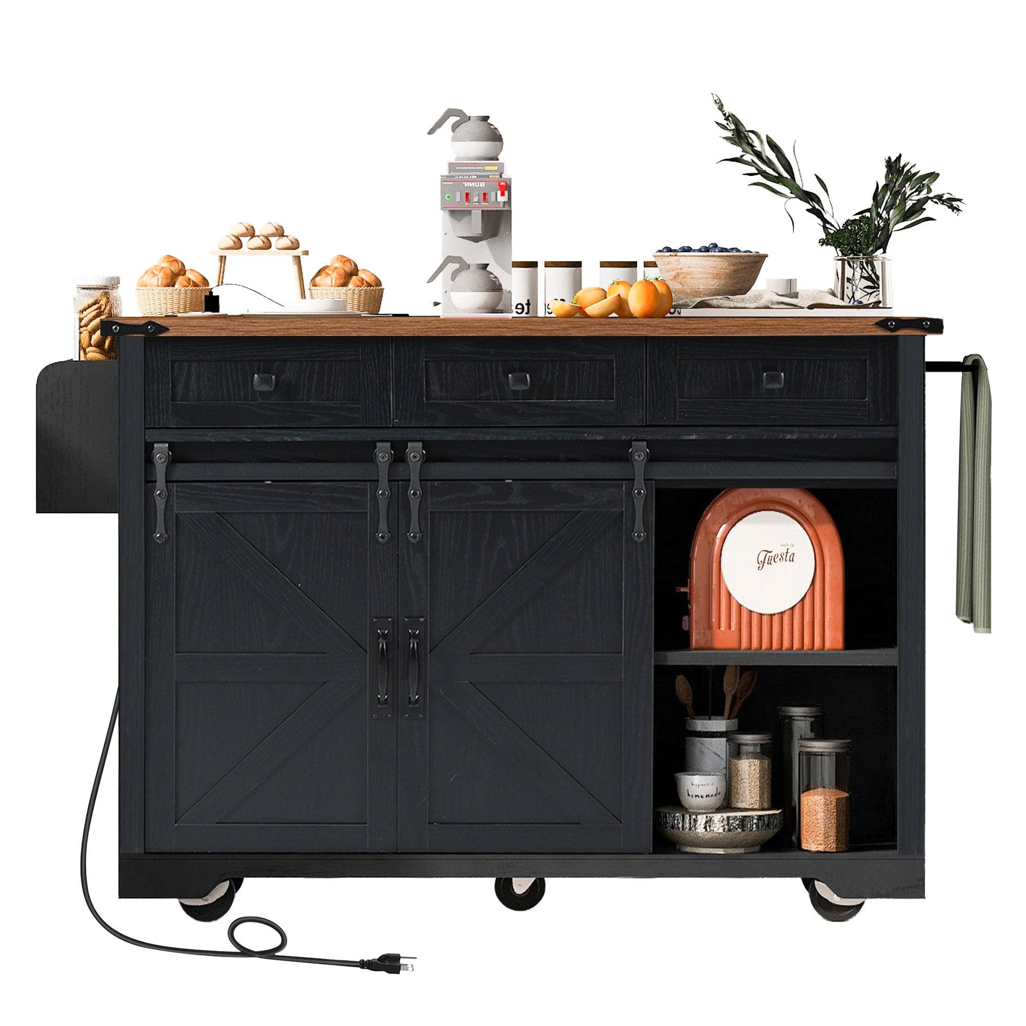 Orange County Decor - Wholesale Kitchen Storage/Organizer - K&K 53.7" Farmhouse Kitchen Island With Power Outlet, 2 Sliding Barn Door Kitchen Storage Island With Drop Leaf, Spice Rack Rolling Kitchen Cart On Wheels, For Home, Kitchen And Dining Room, Black26