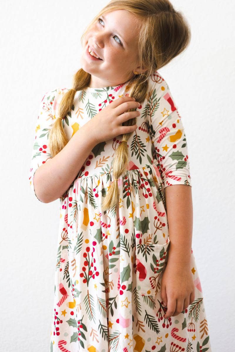 Mila & Rose - Wholesale Dress - Kids - Holly Jolly Christmas 3/4 Sleeve Pocket Twirl Dress8