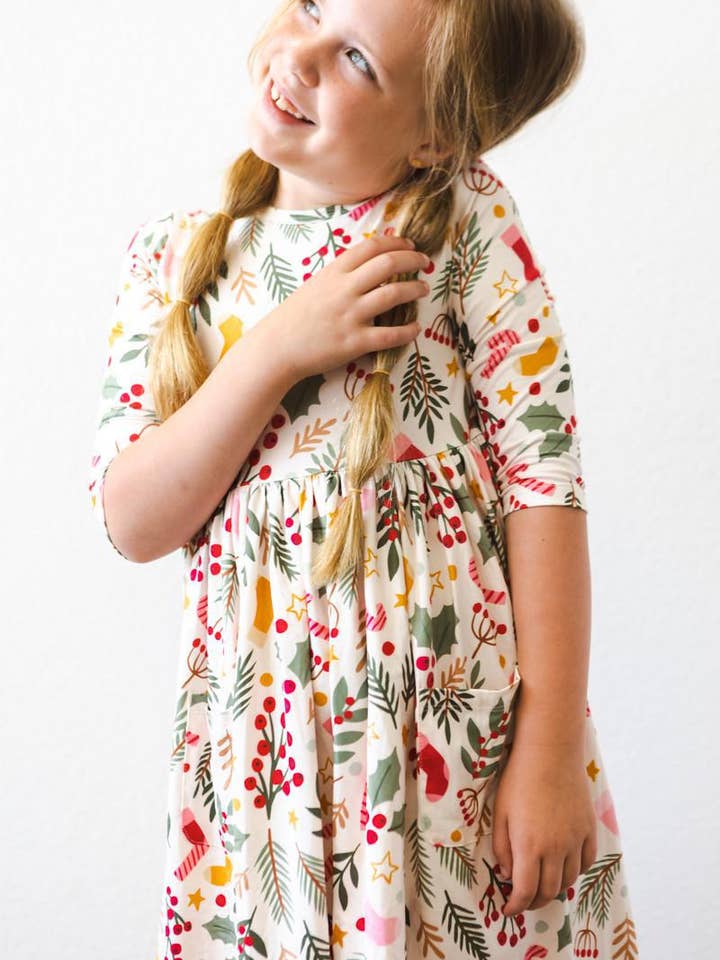 Mila & Rose - Wholesale Dress - Kids - Holly Jolly Christmas 3/4 Sleeve Pocket Twirl Dress8