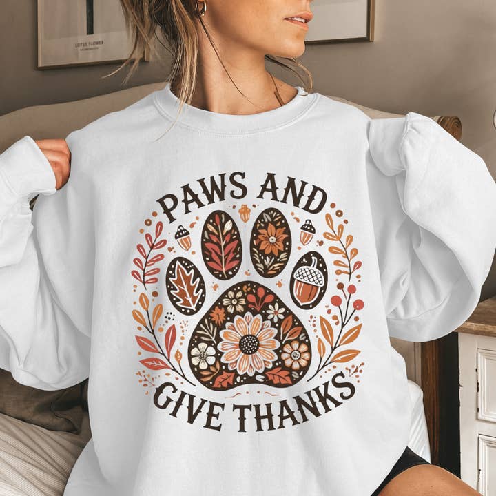 Folk Thanksgiving Dog Paw Sweatshirt, Fall Colors Boho Jumpe for wholesale by Dog Mom Apparel
