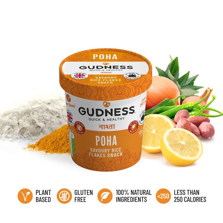 Gudness – wholesale Breakfast cereal – Gudness Poha - Vegan Savoury snack ( x 8 Pots)