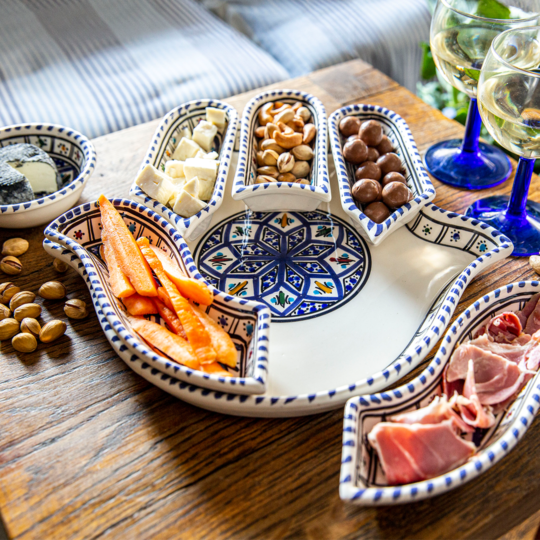 Kamsah - Vente Assiettes/plats/bols de décoration - Ensemble de trempage et de service en céramique Hamsa bleu bohème fait main4