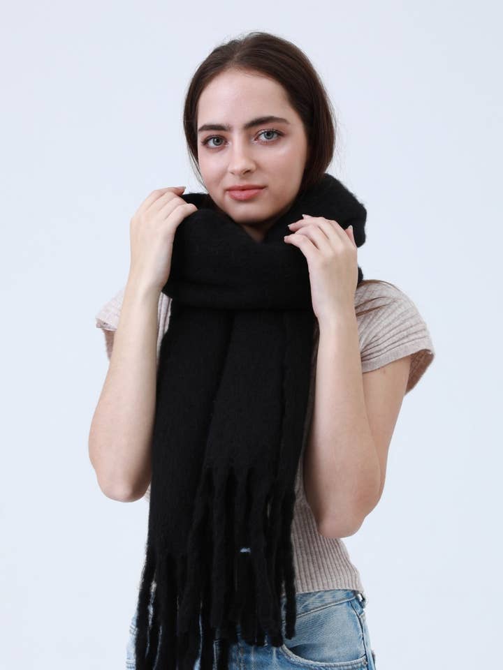 Solid Color Knit Scarf with Tassels-Bestselling for wholesale by Leto Accessories