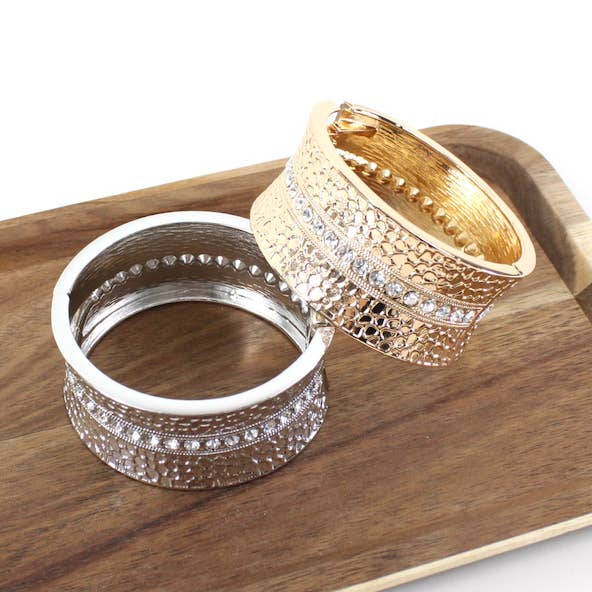 B23071 Rhinestone Adorned Scale Textured Hinged Bangle Cuff for wholesale by Pretty Persuasions