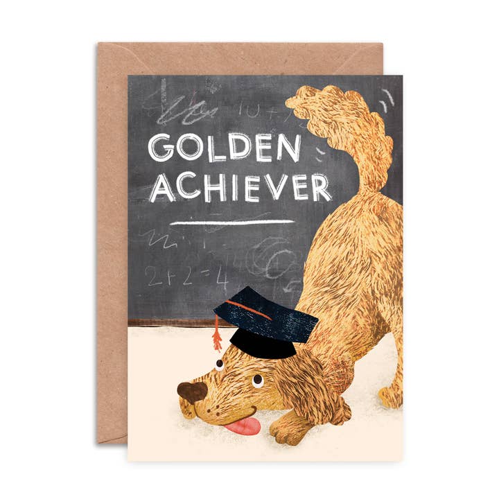 Golden Achiever Funny Dog Graduation Greeting Card for wholesale by Emily Nash Illustration Greeting Cards