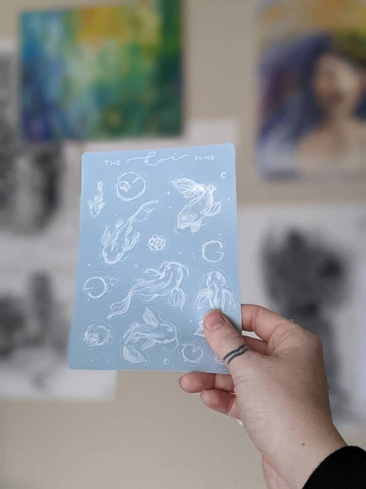 White Koi Pond Cute Handmade Sticker Sheet for wholesale by Stewart Gaus Design