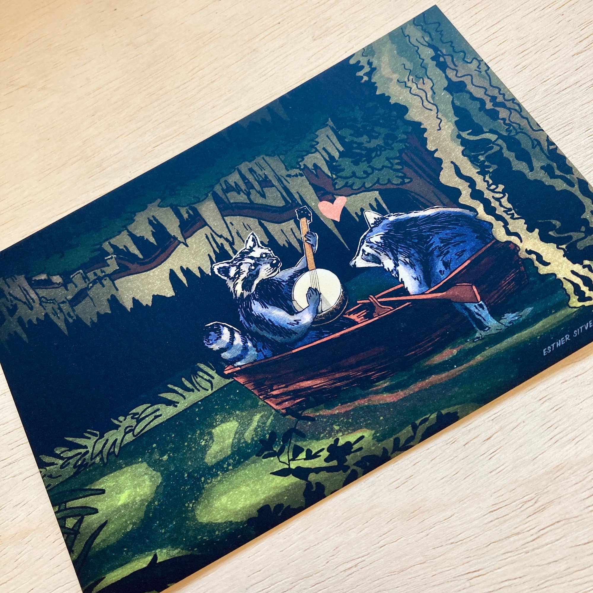 Esther Sketch - Wholesale Postcard - Raccoons On the Bayou Postcard1