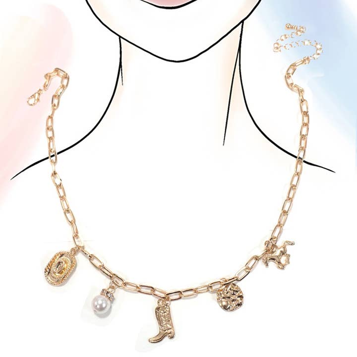 Gold WESTERN BOOT STAR HAT HORSESHOE CHARM NECKLACE | 80N1187 for wholesale on Faire