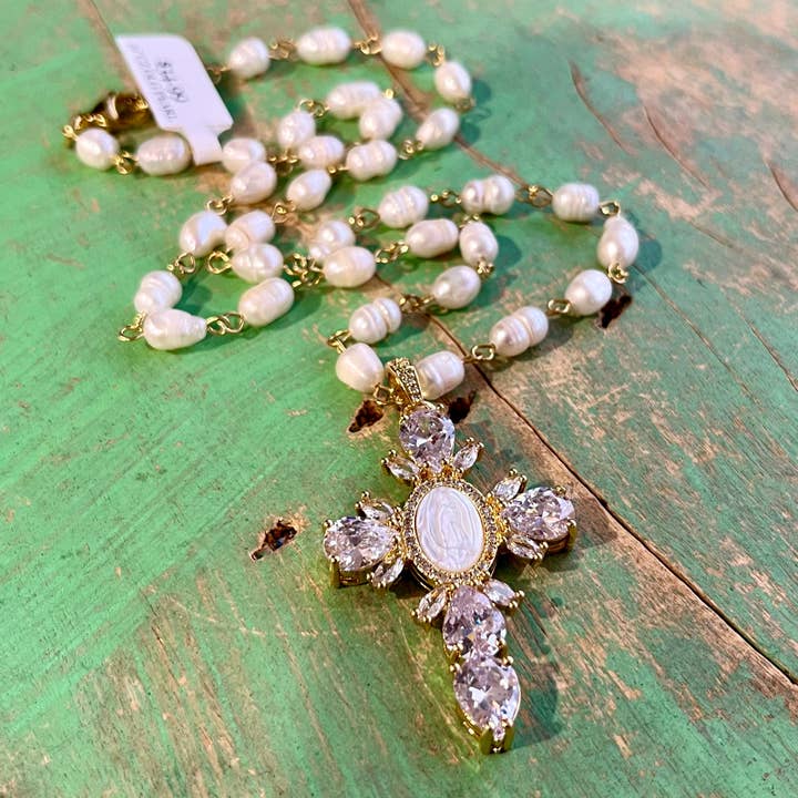 Cubic Zirconia Our Lady of Guadalupe Cross Pearl Necklace for wholesale by Love and Honor Jesus LLC