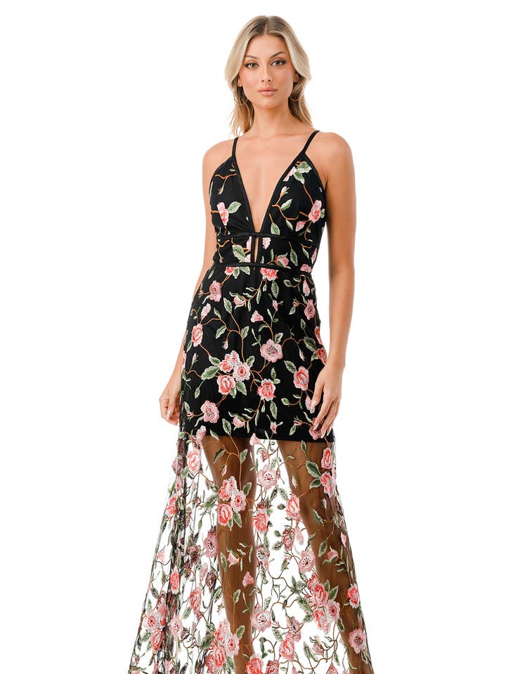 Vestido Maxi Escotado Bordado con Detalle de Cintura de Satén para venta al por mayor de Woven Pink