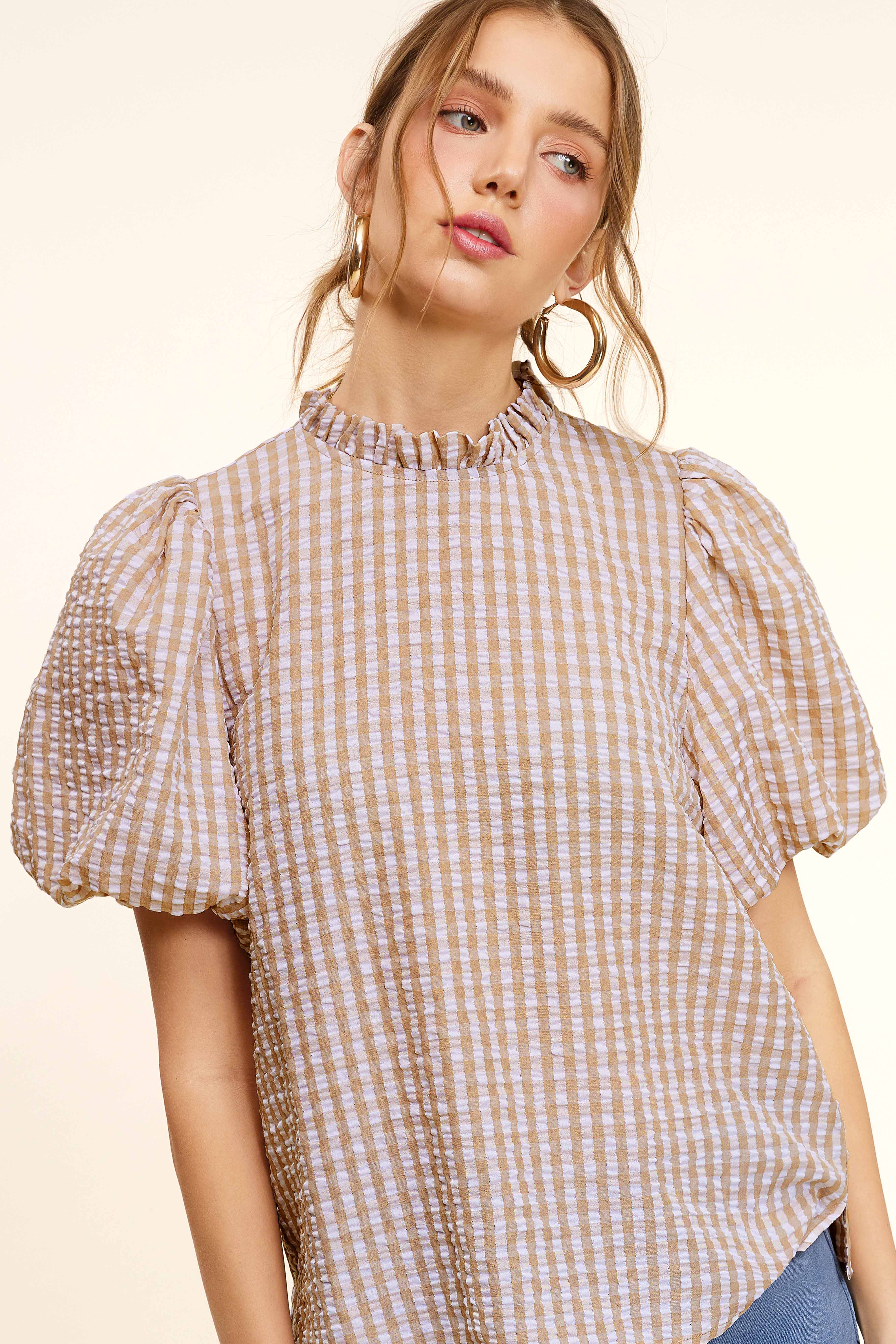 La Miel - Wholesale Blouse - Women's - HCT7697-Gingham Check Print Lovely Puff Short Sleeve Top9