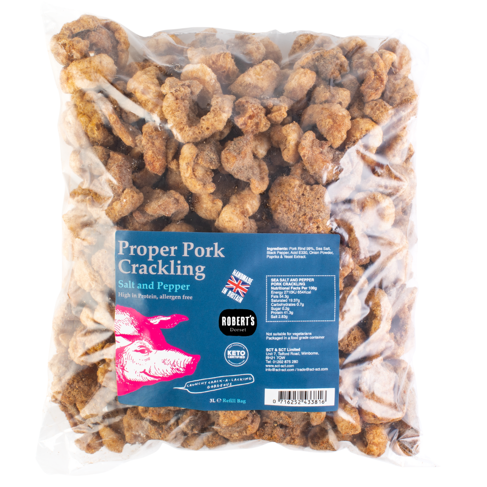 Robert’s Dorset – wholesale Puffed snack – Proper Pork Crackling 3L / 800g Refill Bag6