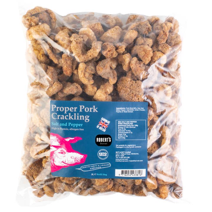 Robert’s Dorset - Wholesale Puffed snack - Proper Pork Crackling 1.33 Kg Refill Bag 6