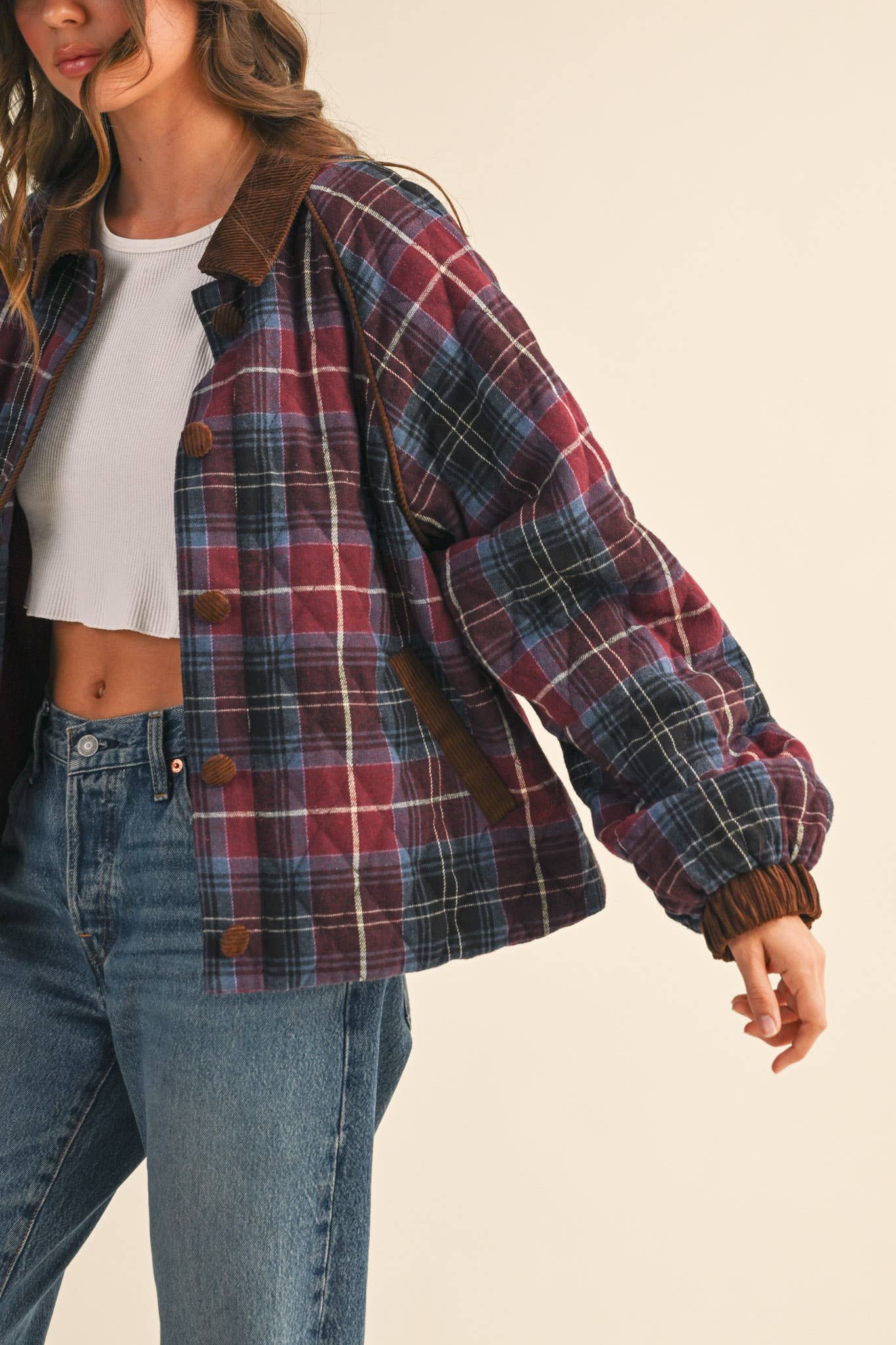 &MERCI - Wholesale Jacket - Women's - PLAID QUILTED JACKET WITH CONTRAST CORDUROY DETAIL MJK411536