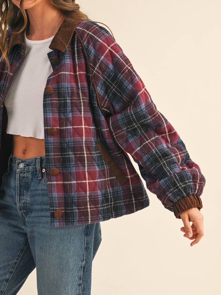 &MERCI - Wholesale Jacket - Women's - PLAID QUILTED JACKET WITH CONTRAST CORDUROY DETAIL MJK411536