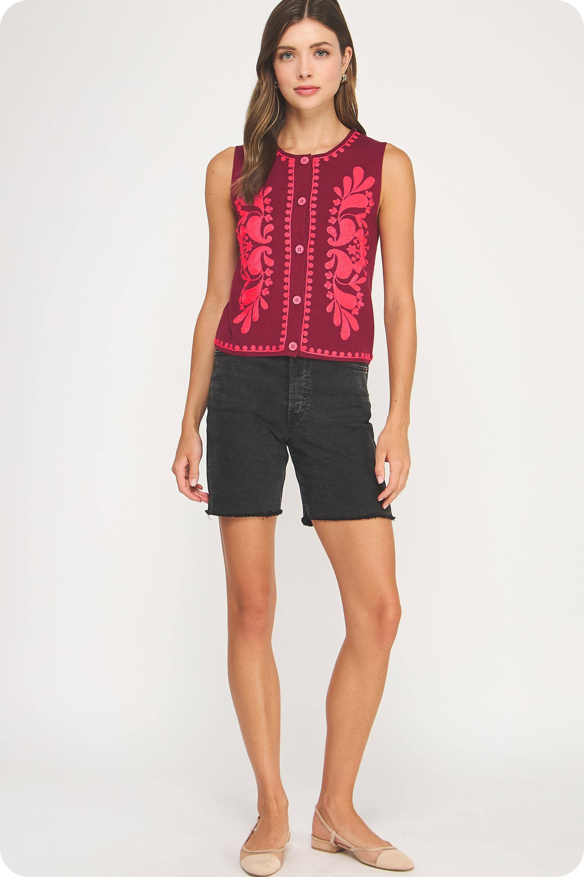 Strut & Bolt - Venta al por mayor Chaleco de abrigo - Mujer - Top sin mangas de punto con bordado floral29