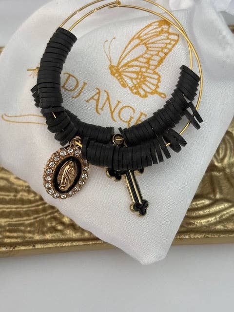 Miss DJ Angel – wholesale Hoop earrings – Ex-voto hoop earrings, asymmetrical ex-voto hoops, religious earrings, cross medal charm and Virgin medal charm4