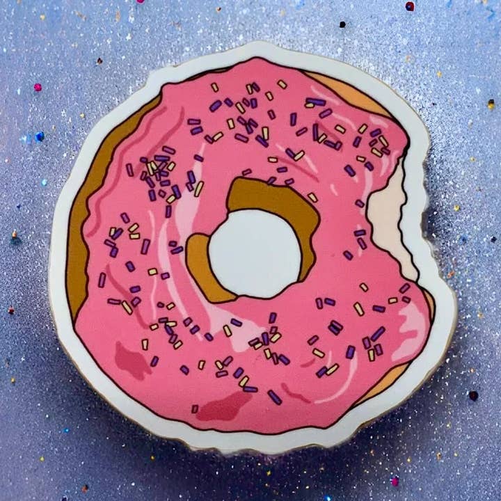 Pink Sprinkled Donut Sticker | Cute 3" Vinyl Food Sticker for wholesale by Pancake Press