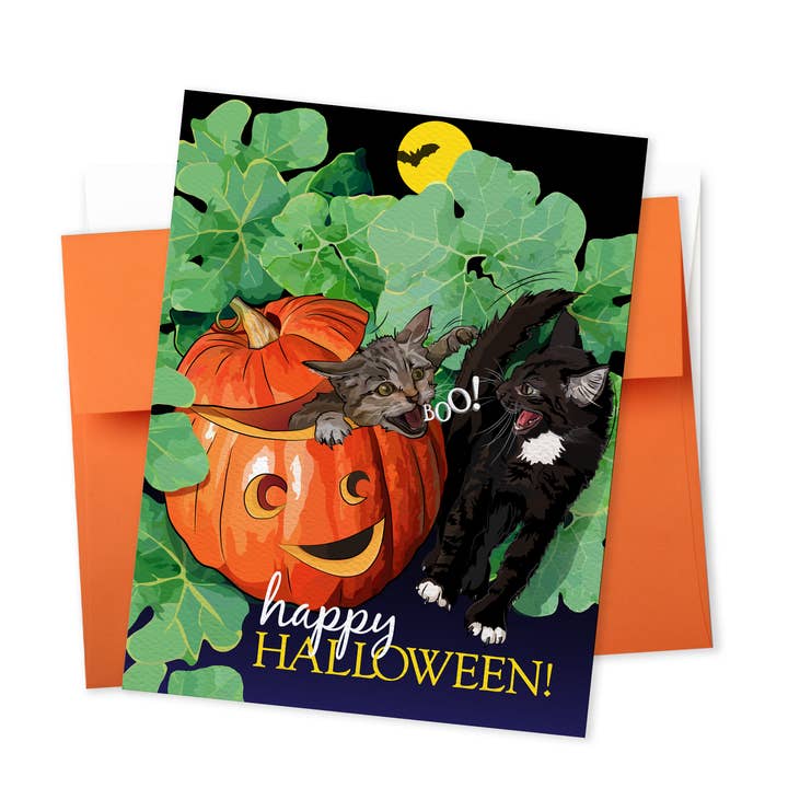 Tarjeta navideña de Halloween | ¡Feliz Halloween, gato asustado! para venta al por mayor de The Red Barn Press