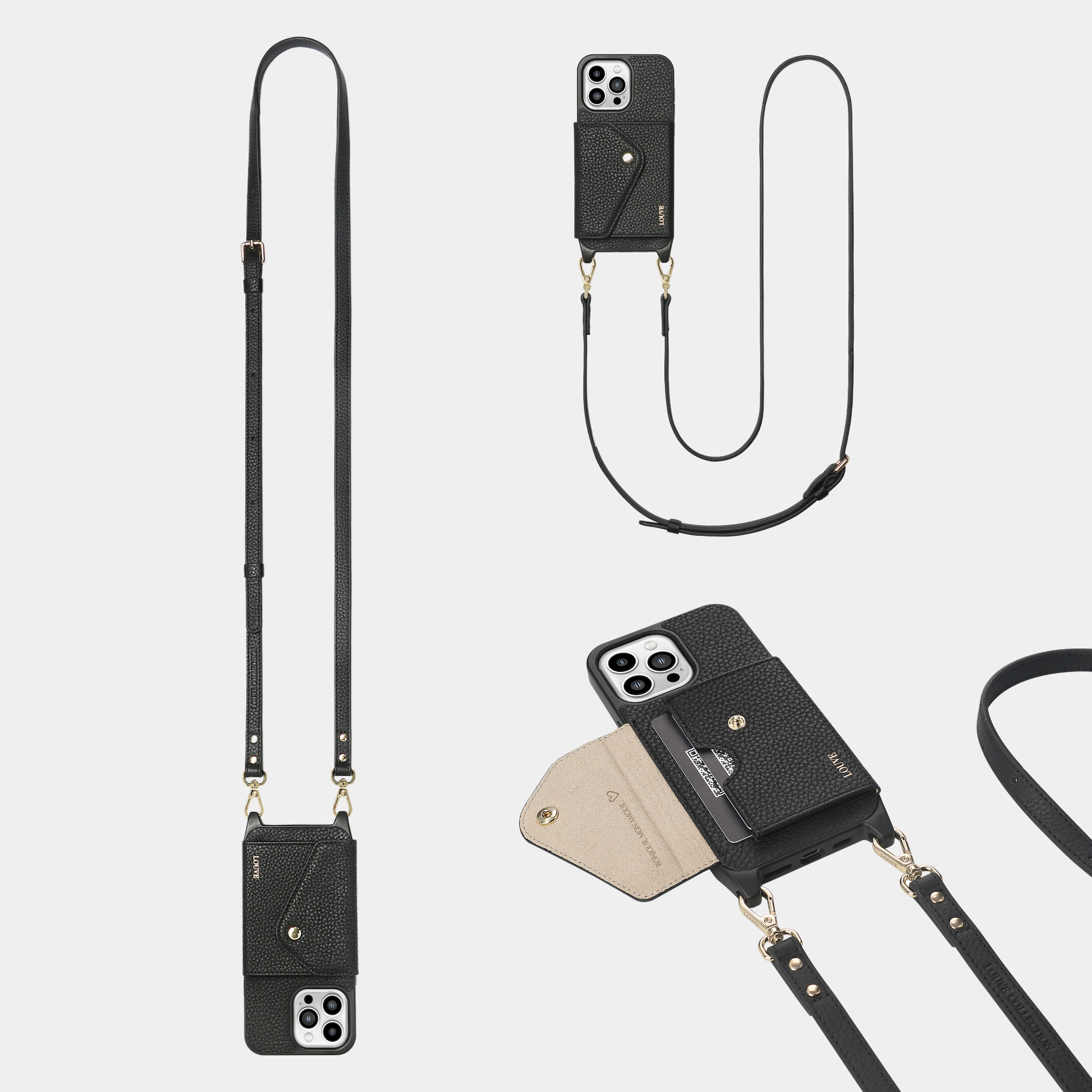 Louve Collection - Wholesale Phone Wallet - Women's - Zoë Black Leather Phone Case Wallet & Matching Strap3