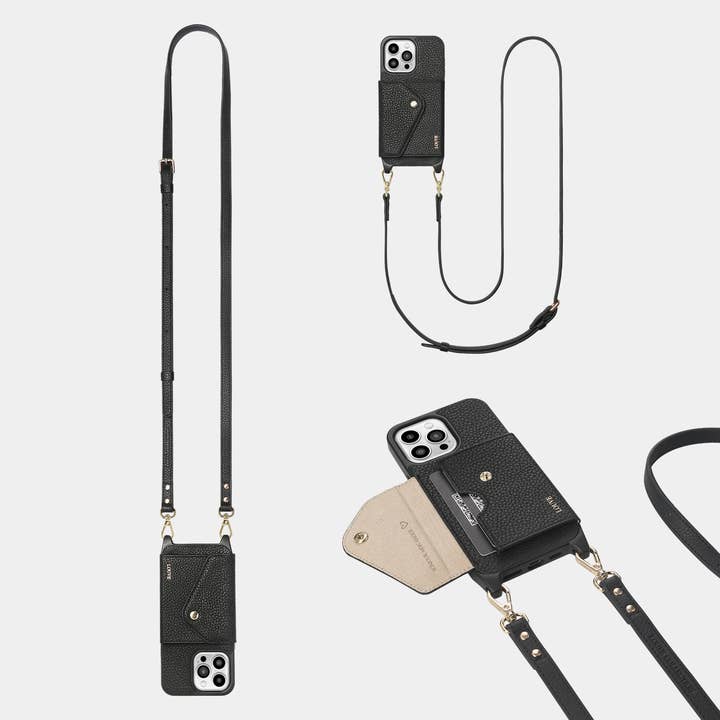 Louve Collection - Wholesale Phone wallet – women's - Zoë Black Leather Phone Case Wallet & Matching Strap3