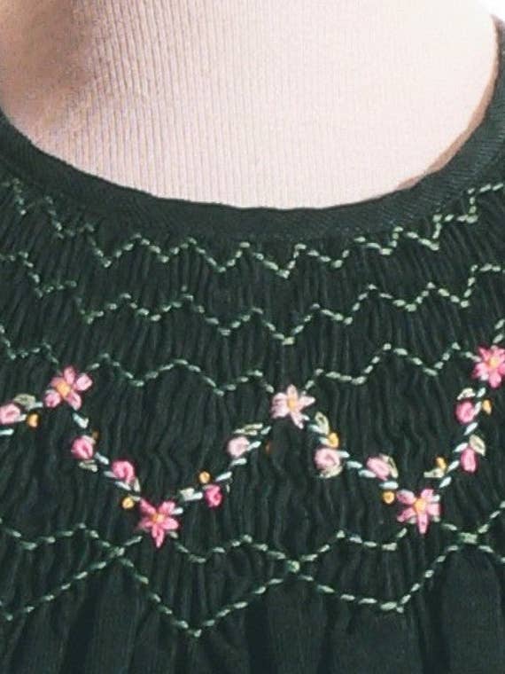 Green Corduroy Smocked with Roses Short Sleeve Bishop Dress for wholesale by Hello Bebes!