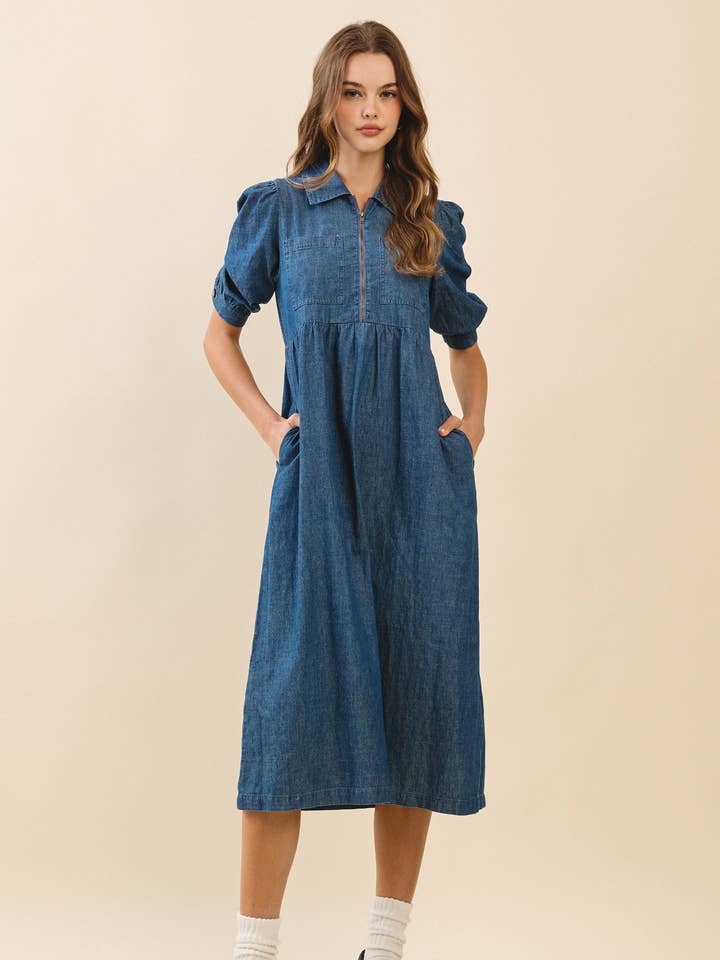 CD05284-Front Zip Up Puff Sleeves A Line Denim Midi Dress and other Purchase Wholesale chambray dress. Free Returns & Net 60 Terms on Faire trending on Faire.