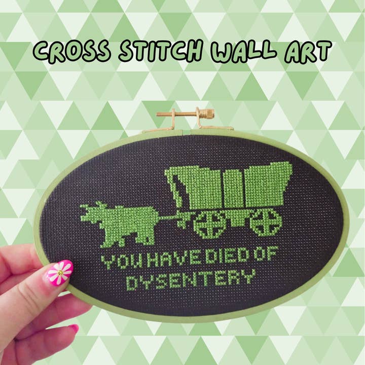 Oregon Trail cross stitch wall art for wholesale by Catie Unthreaded