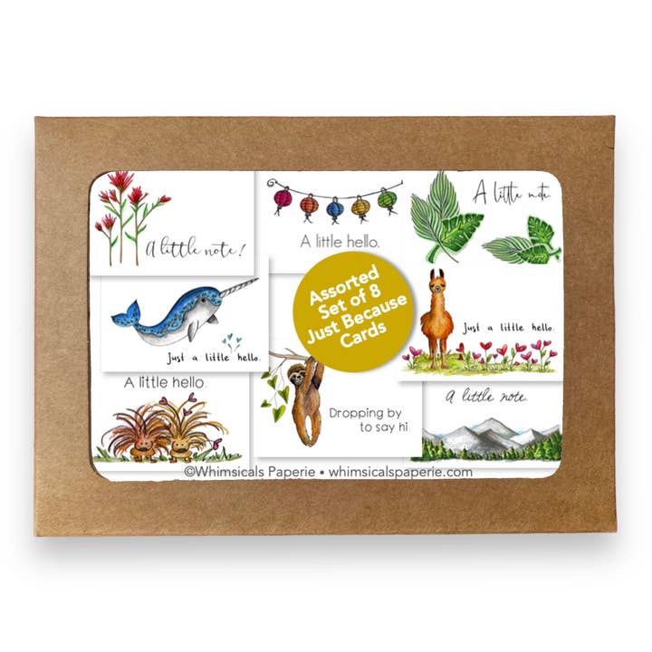 Assorted Just Because Cards, Boxed Set of 8 Note Cards for wholesale by Whimsicals Paperie