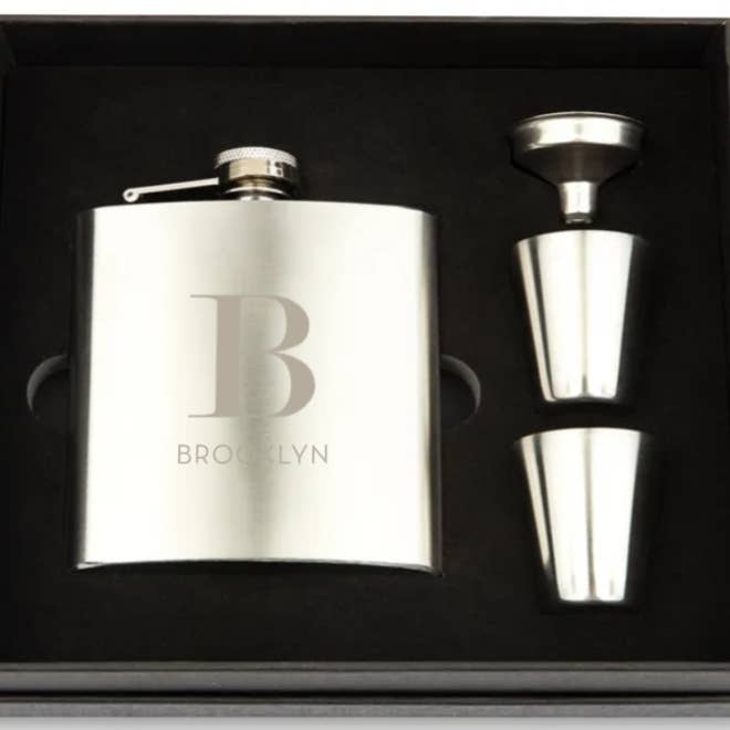 Weddingstar Inc. – wholesale Flask – Stainless Steel Hip Flask Gift Box Set-Modern Serif Monogram