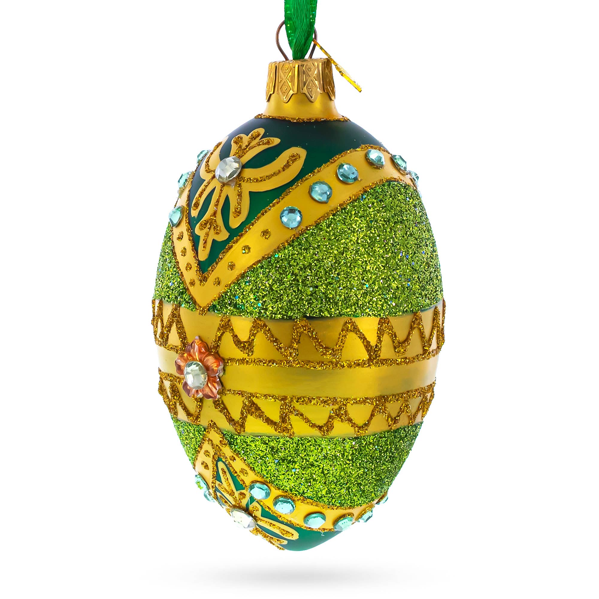 BestPysanky – wholesale Ornament – White Jewels on Glittered Green Glass Egg Ornament 4 Inches1
