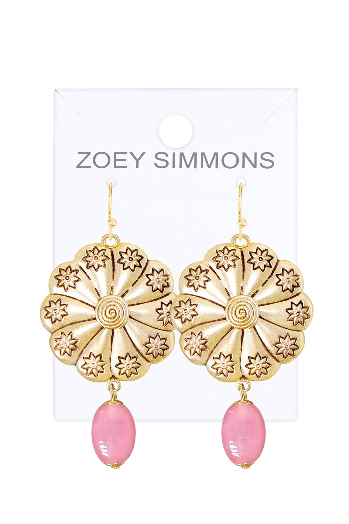 Zoey Simmons - Wholesale Dangle Earrings - Pink Murano Glass & Hammered Floral Disc Drop Earrings - GP1