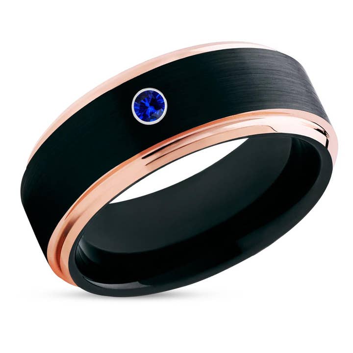 Roségoldener Wolframring — Schwarzer Ehering — Blauer Saphir — Schwarzer Wolframring — Band für den Großhandel von Lucky Love Rings