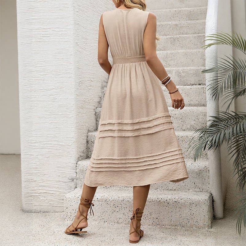 Wholesale Sleeveless V-Neck Midi Dress with Pintuck Tiered Hem for