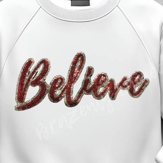Christmas Patch | Believe Sequins Patch | Iron On Patch | Red and Silver Patch | Christmas Sequins Patch | Great for Christmas Shirt for wholesale by Brazenly Envied