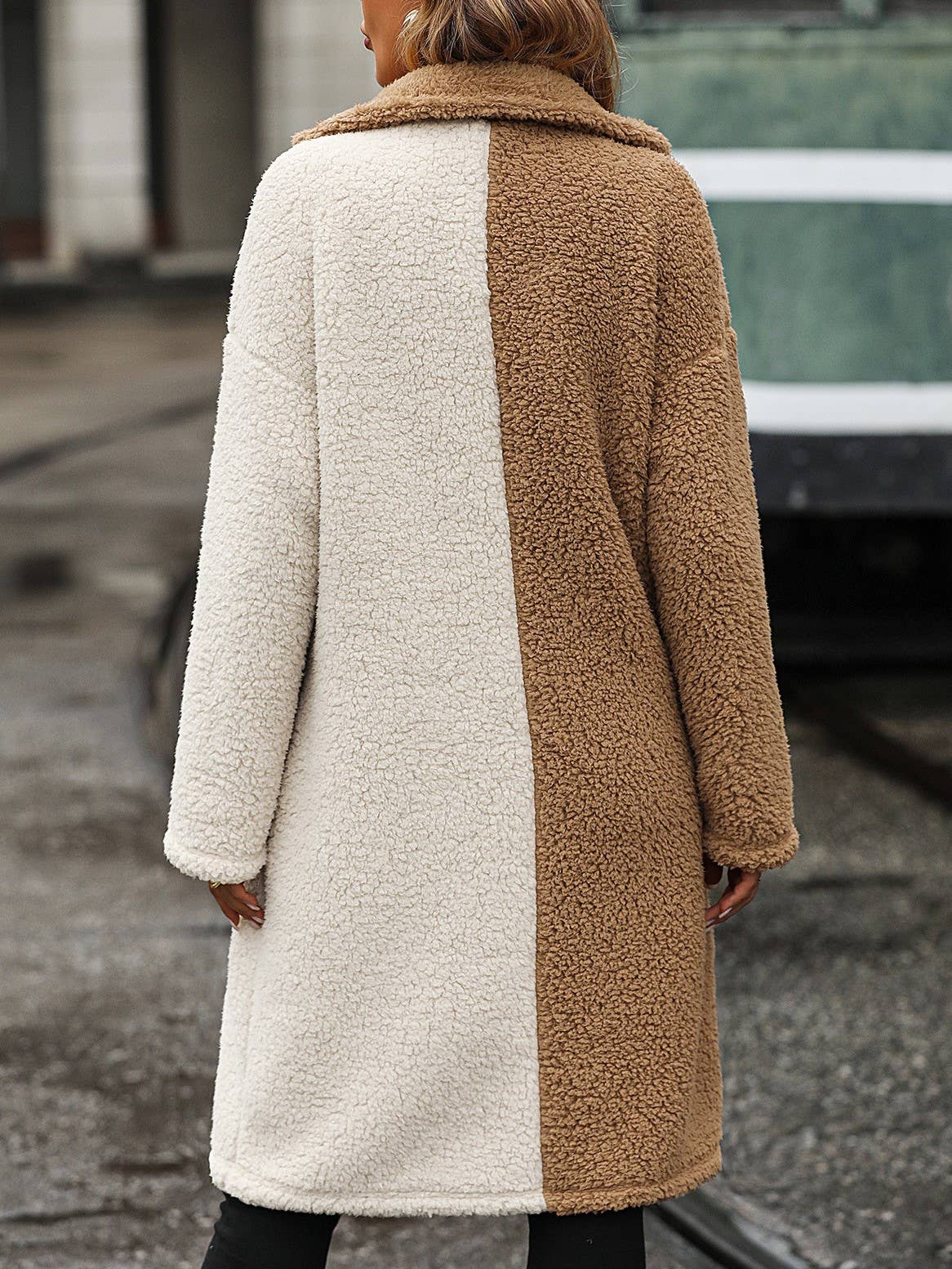 Camel Contrast faux fur teedy sherpa longline coat for wholesale on Faire4