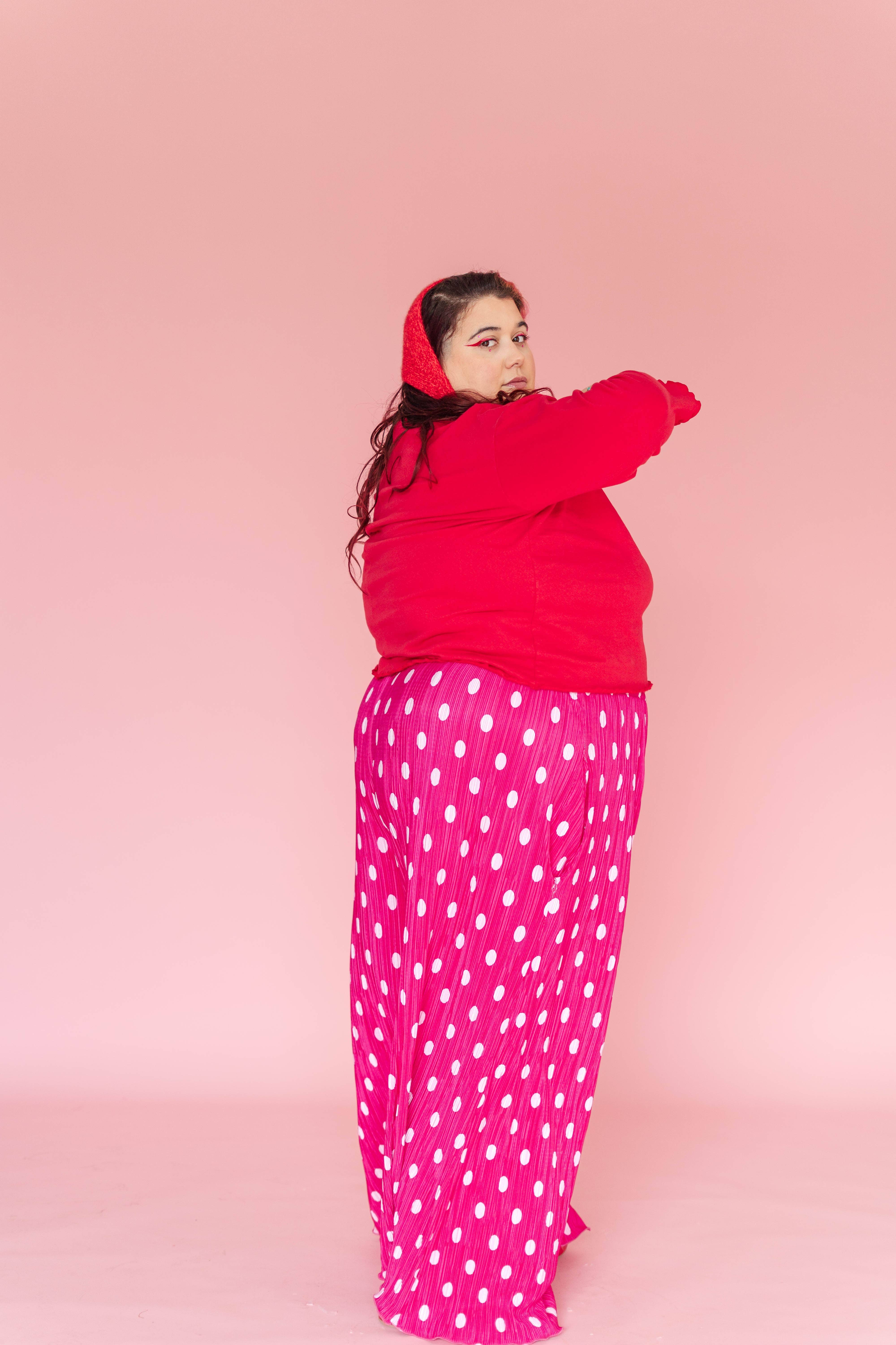 Nettle Studios - Wholesale Pants - Women's - Size Inclusive Hot Pink & White Polka Dot Pleated Flare Pant10