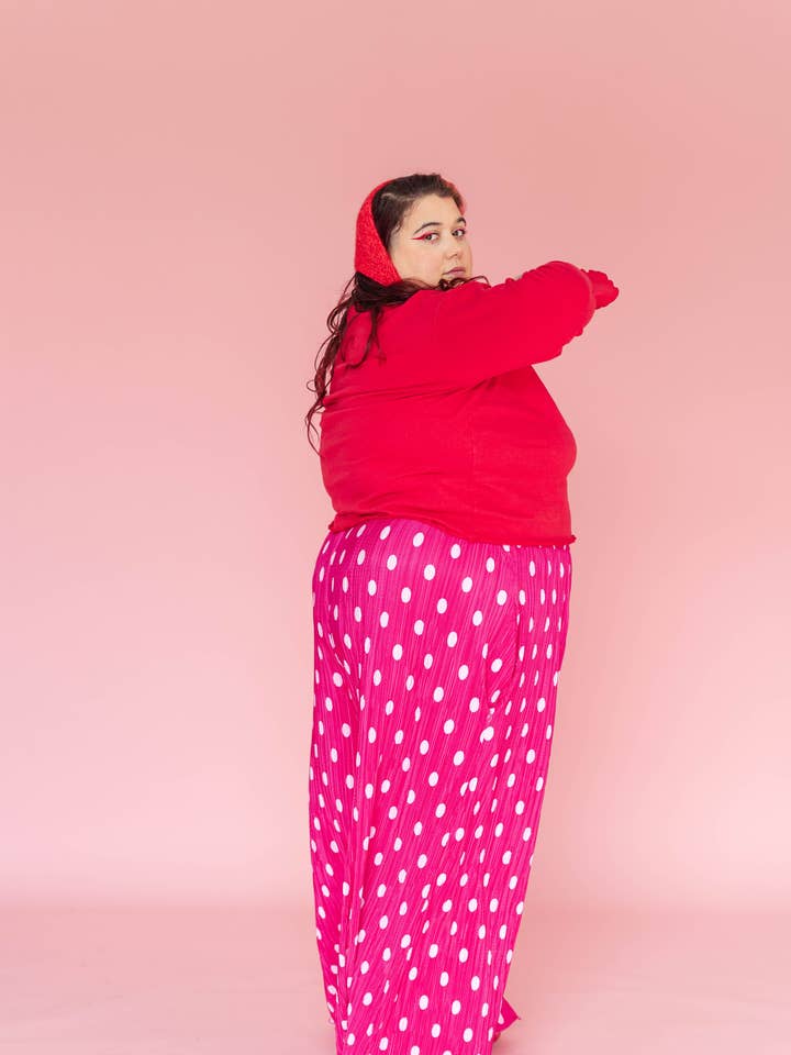 Nettle Studios - Wholesale Pants - Women's - Size Inclusive Hot Pink & White Polka Dot Pleated Flare Pant10